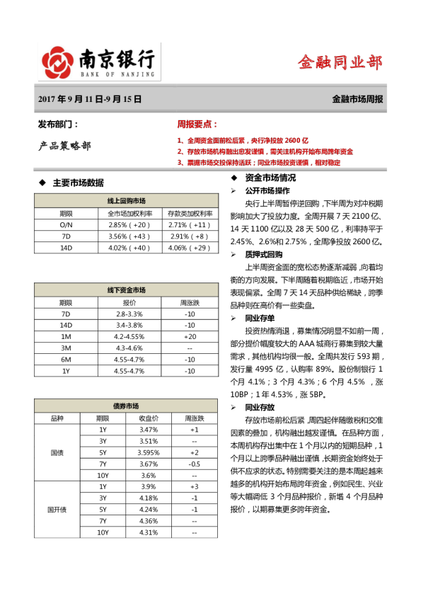 金融市场周报2017年9月11日~9月15日