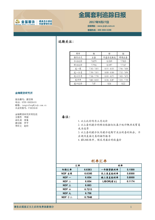 金属套利追踪日报