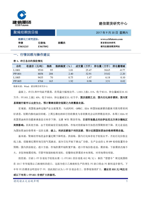 建信期货聚烯烃期货日报