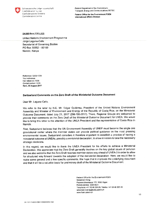 Switzerlands input to the zero draft