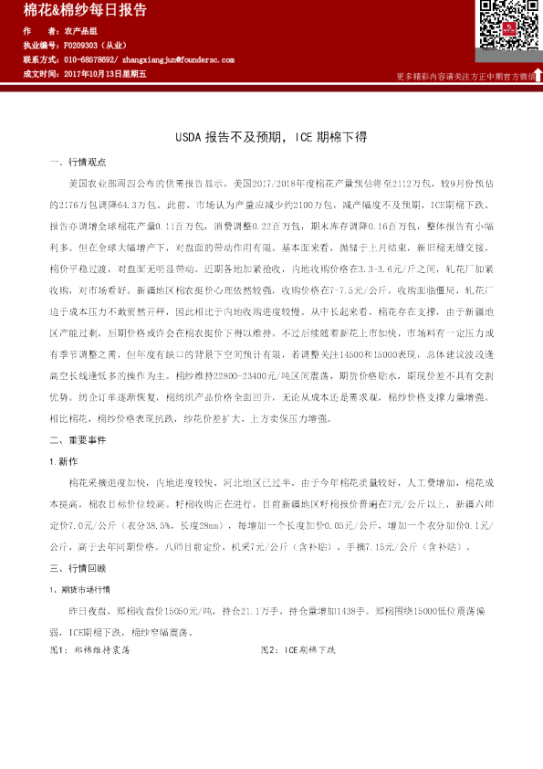 棉花&棉纱每日报告：USDA报告不及预期，ICE期棉下得