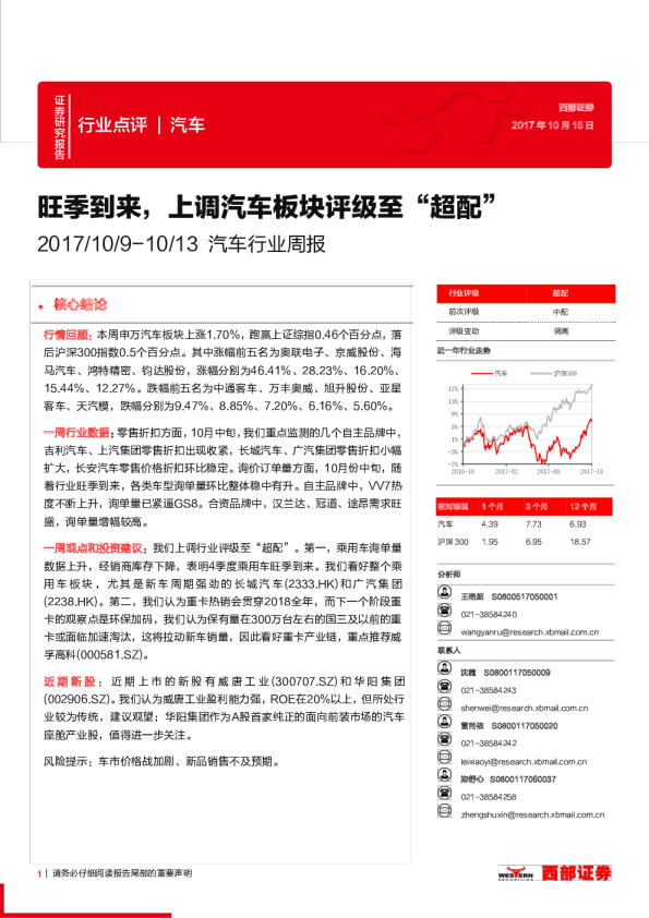 汽车行业周报：旺季到来，上调汽车板块评级至“超配”