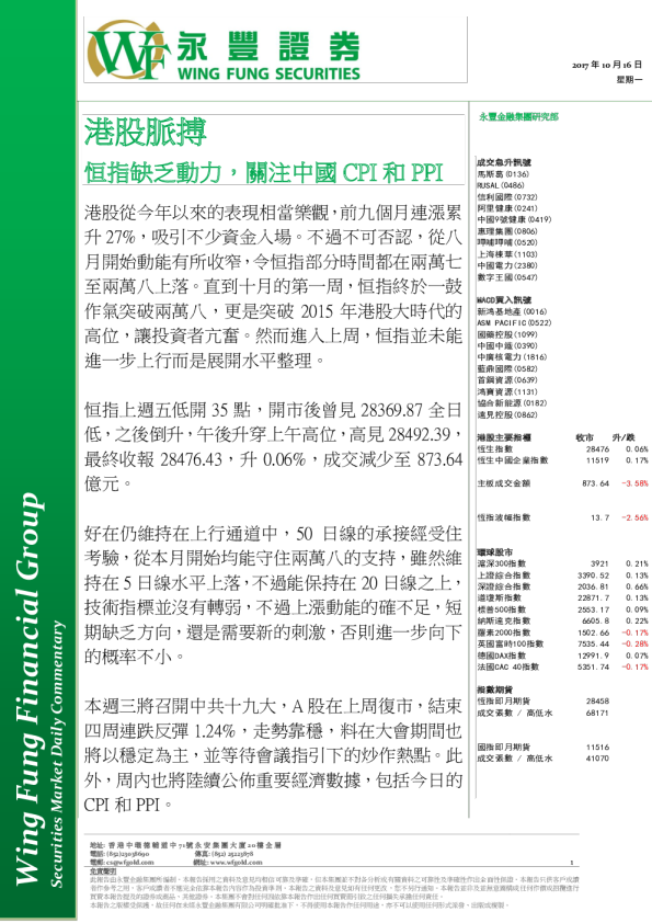 港股脉搏：恒指缺乏动力，关注中国CPI和PPI