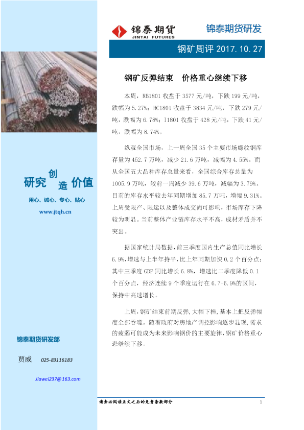 钢矿周评：钢矿反弹结束 价格重心继续下移