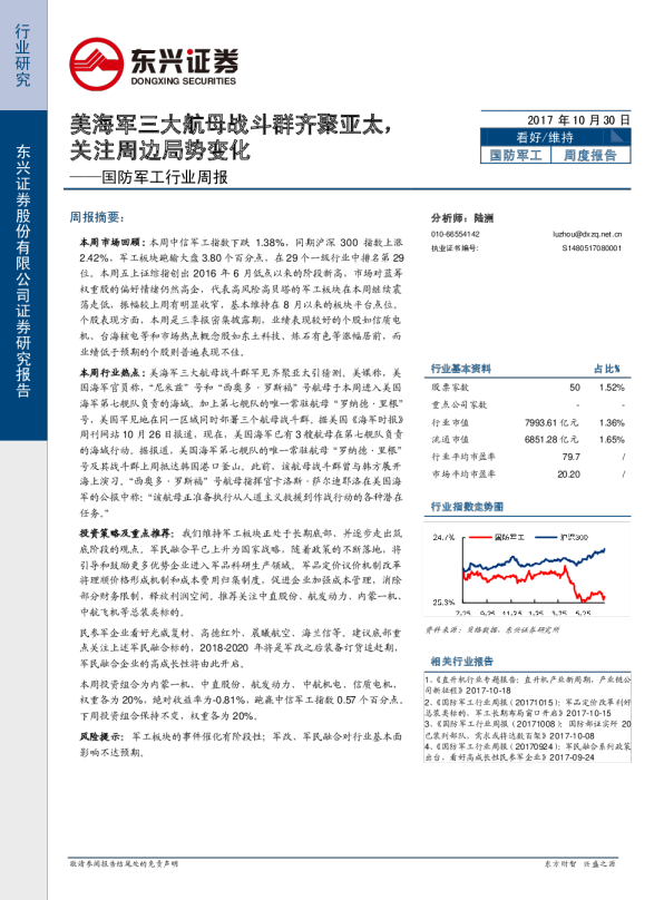 国防军工行业周报：美海军三大航母战斗群齐聚亚太，关注周边局势变化
