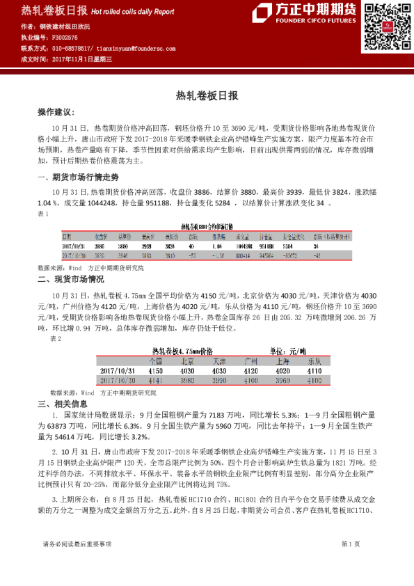 方正中期期货热轧卷板日报