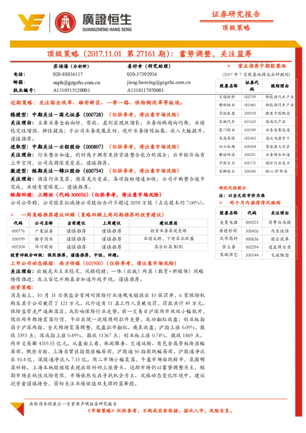 顶级策略：蓄势调整，关注蓝筹