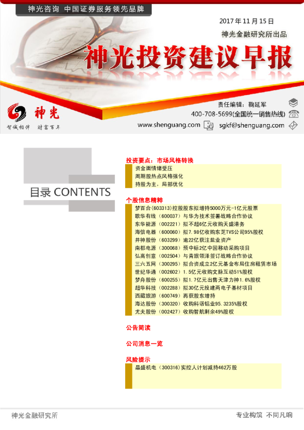 神光金融研究所投资建议早报