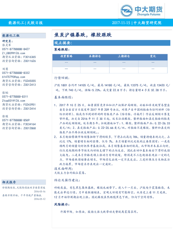 能源化工：焦炭沪镍暴跌，橡胶跟跌