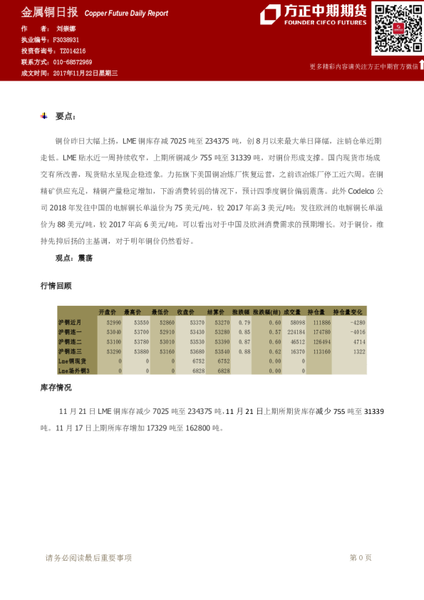 方正中期期货金属铜日报