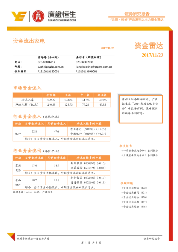 共振·转折产品系列之主力资金雷达：资金流出家电