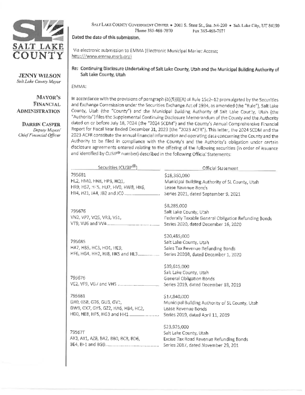 Salt Lake County 2024 Supplemental Continuing Disclosure Memorandum and 2023 Annual Comprehensive Financial Report