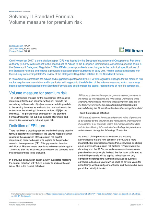 偿付能力II标准公式：保费风险的交易量度量