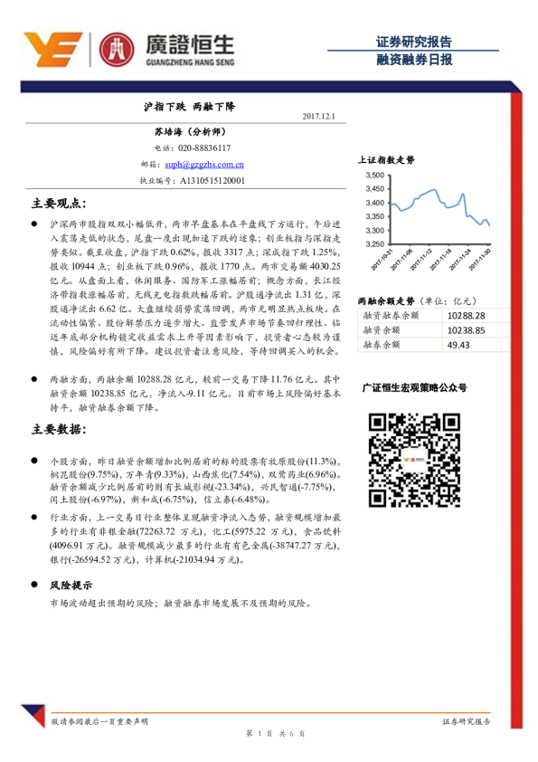 融资融券日报：沪指下跌 两融下降