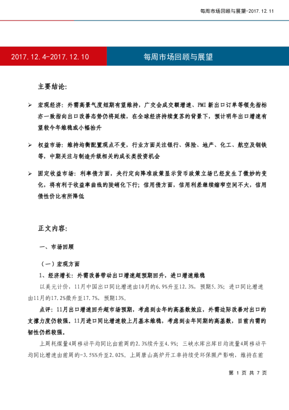 每周市场回顾与展望