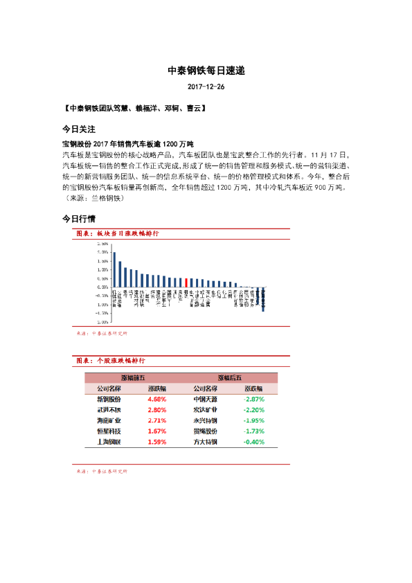 中泰证券钢铁行业每日速递