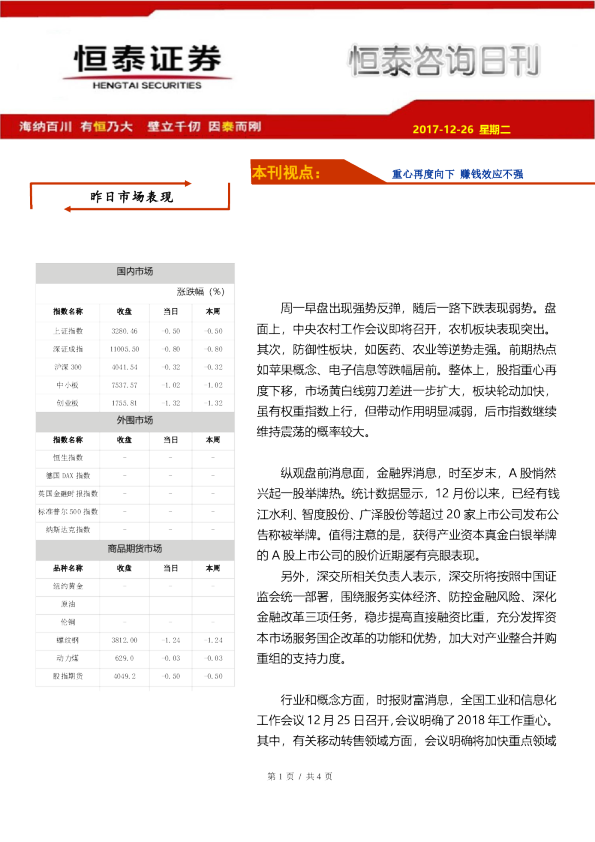 恒泰咨询日刊：重心再度向下 赚钱效应不强