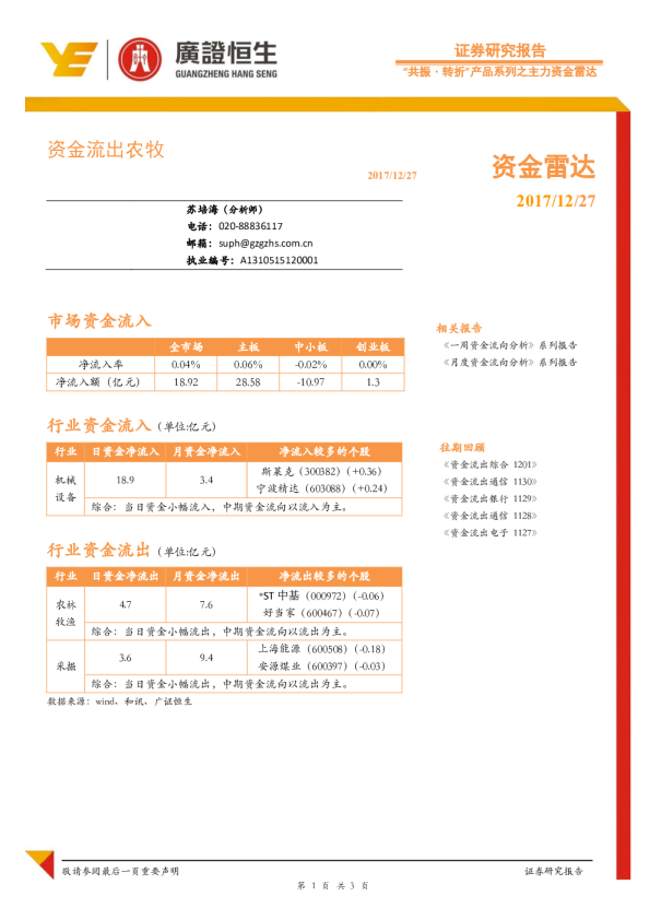 资金雷达：资金流出农牧