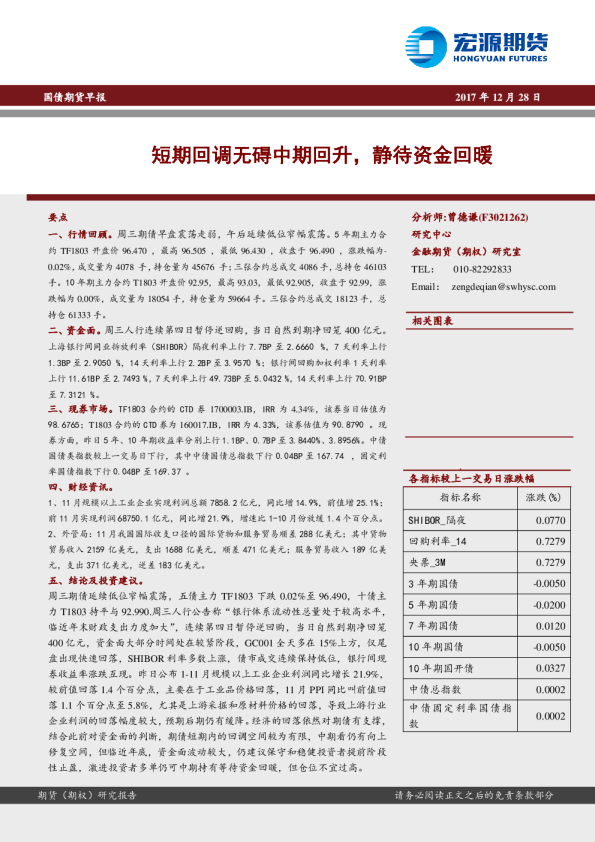 国债期货早报：短期回调无碍中期回升，静待资金回暖