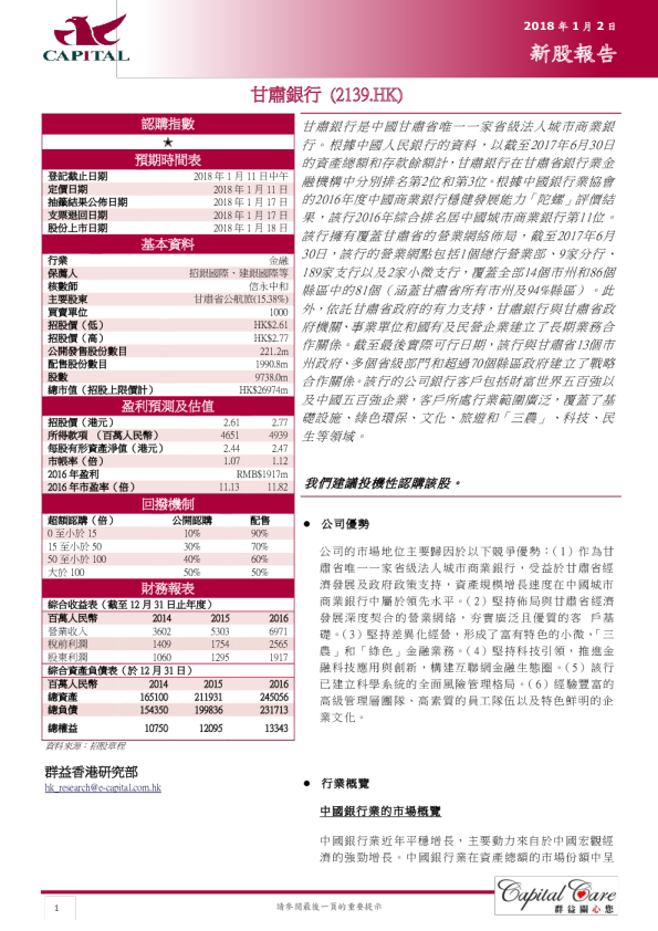 新股报告：甘肃银行