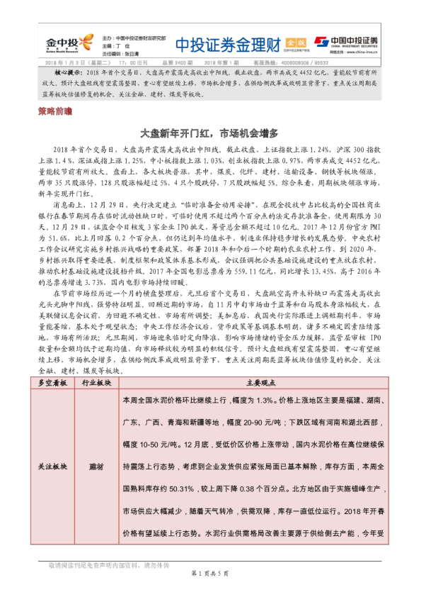 金理财（金版）：大盘新年开门红，市场机会增多
