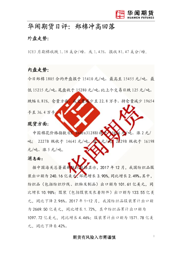 日评：郑棉冲高回落