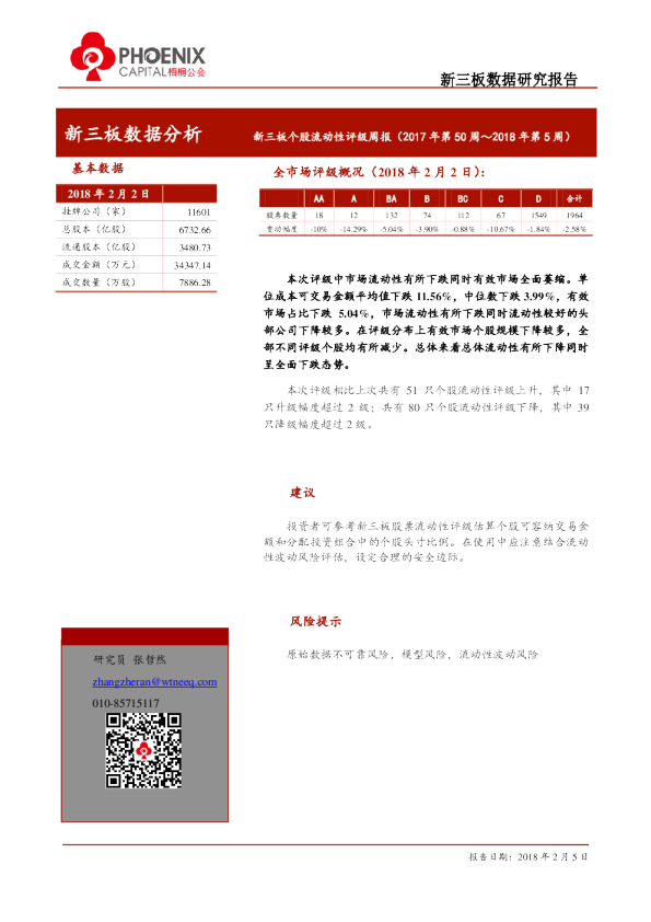 新三板个股流动性评级周报（2017年第50周-2018年第5周）