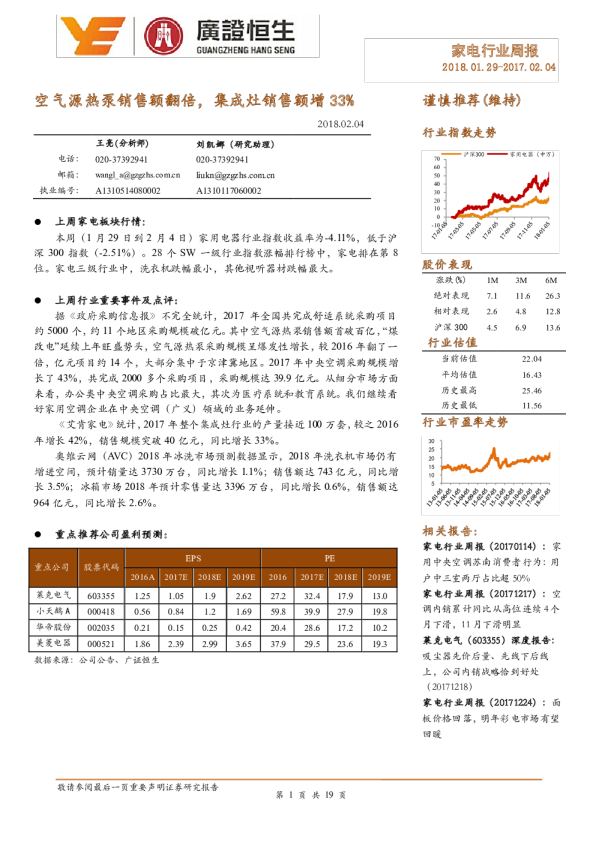 家电行业周报：空气源热泵销售额翻倍，集成灶销售额增33％
