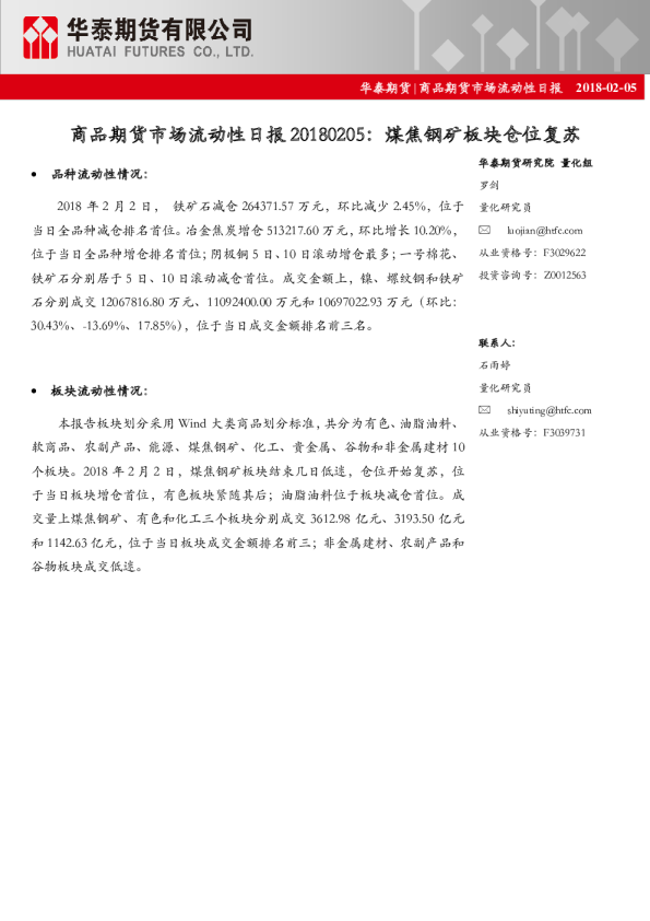 商品期货市场流动性日报：煤焦钢矿板块仓位复苏