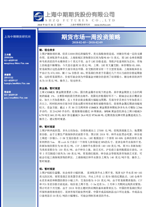 期货市场一周投资策略