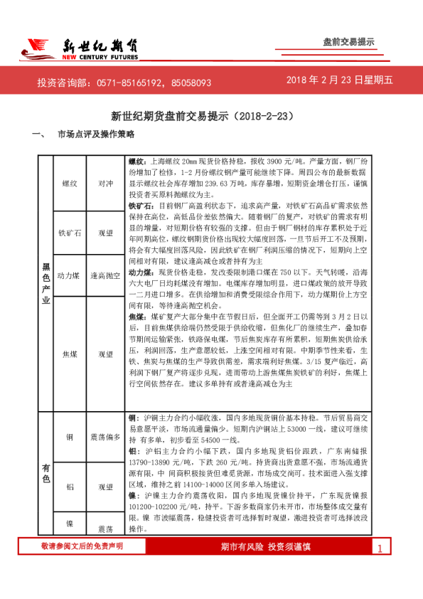 新世纪期货盘前交易提示