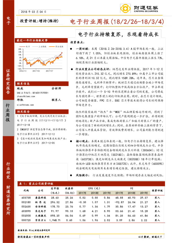 电子行业周报：持续复苏，乐观看待成长