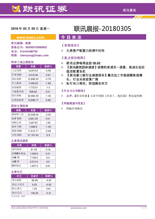 联讯证券联讯晨报