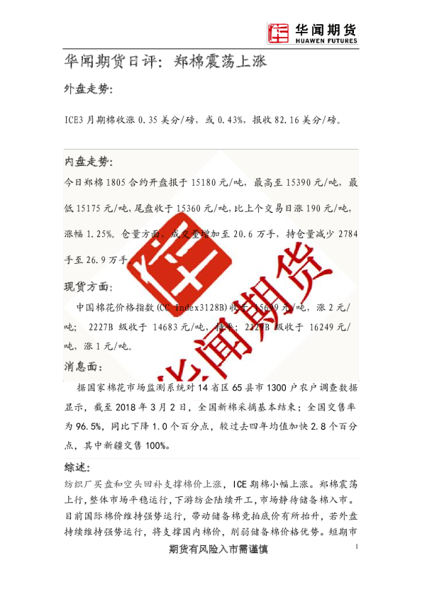 日评：郑棉震荡上涨
