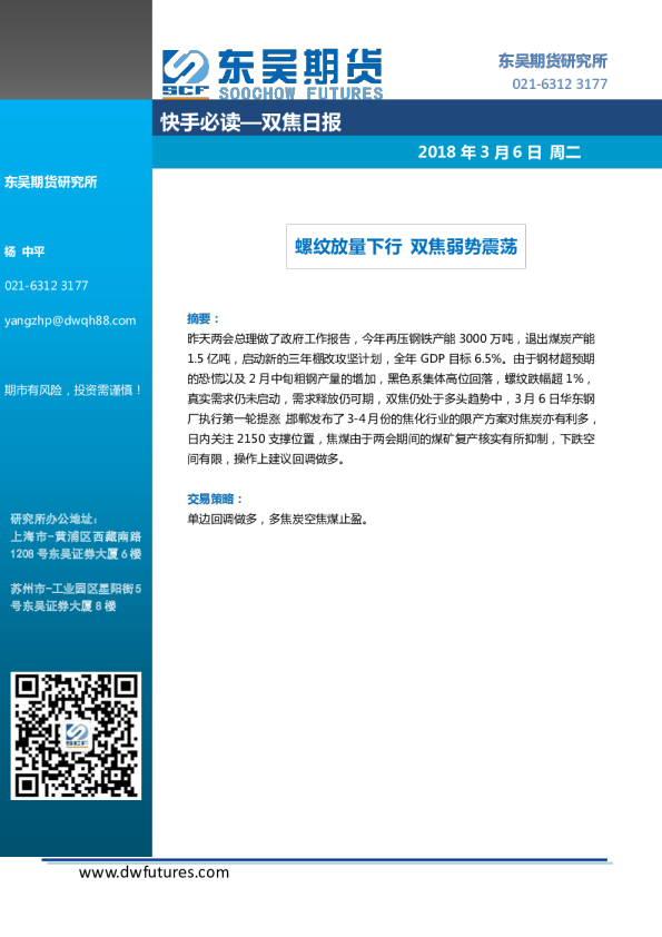 双焦日报：螺纹放量下行 双焦弱势震荡