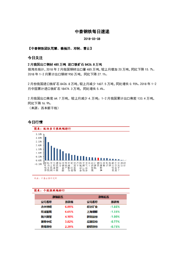 中泰证券钢铁每日速递