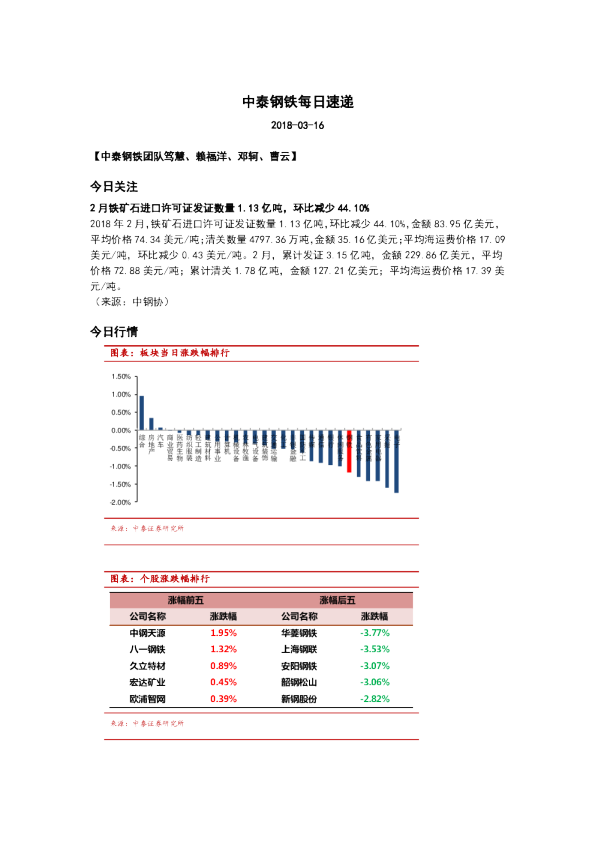 中泰证券钢铁每日速递