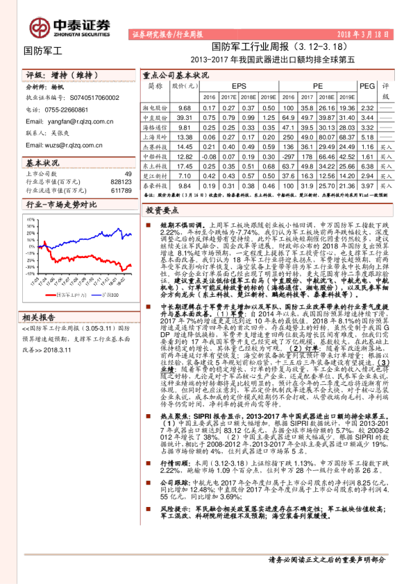 国防军工行业周报：2013~2017年我国武器进出口额均排全球第五