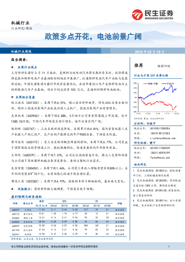 机械行业周报：政策多点开花，电池前景广阔