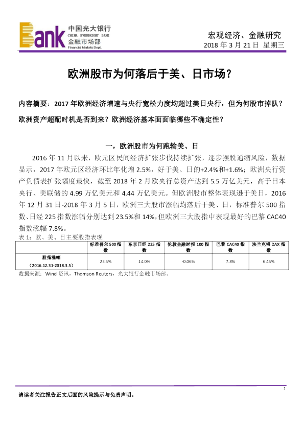 宏观经济、金融研究：欧洲股市为何落后于美、日市场？
