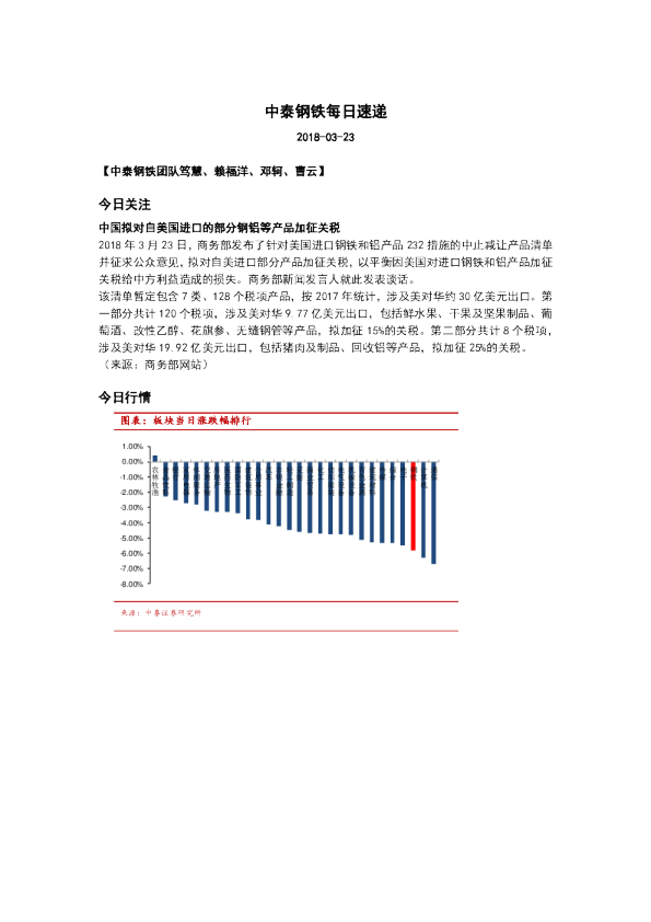 中泰证券钢铁每日速递