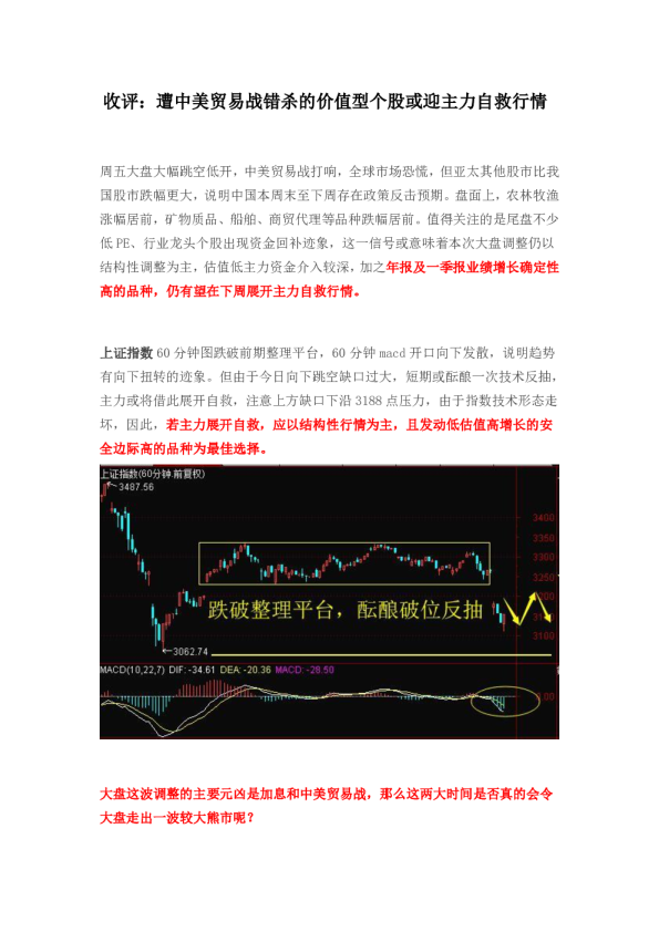 收评：遭中美贸易战错杀的价值型个股或迎主力自救行情 