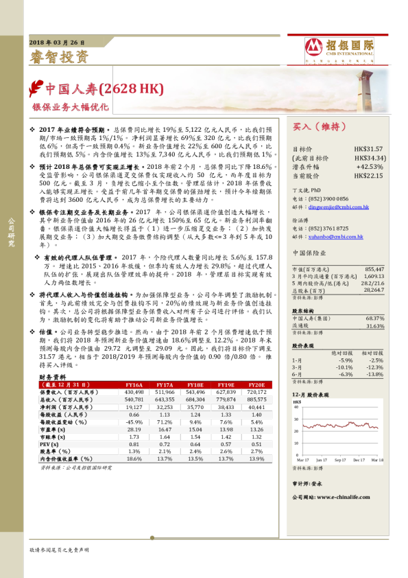 -中国人寿(2628HK)银保业务大幅优化-180326