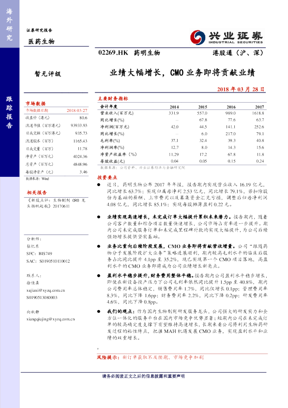 业绩大幅增长，CMO 业务即将贡献业绩