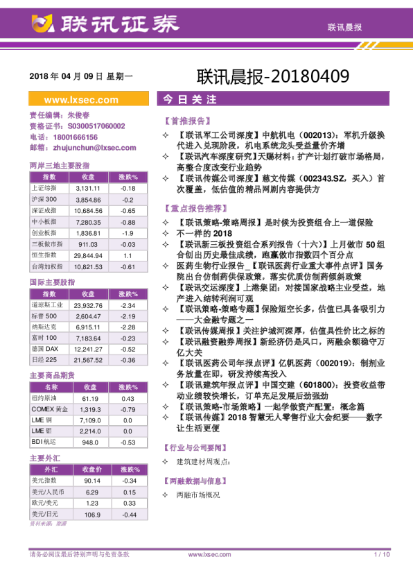 联讯证券联讯晨报