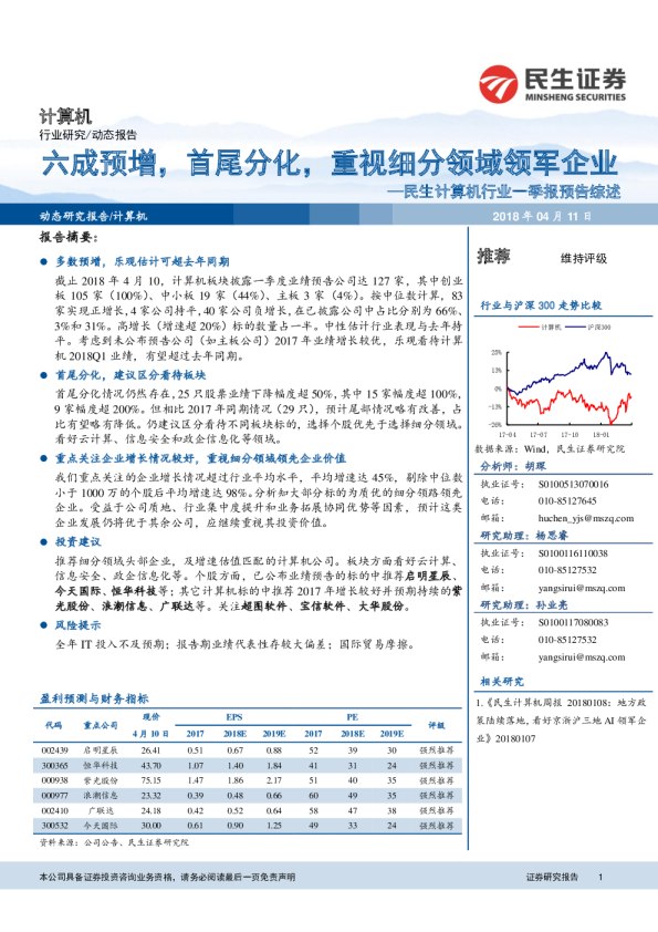 计算机行业一季报预告综述：六成预增，首尾分化，重视细分领域领军企业