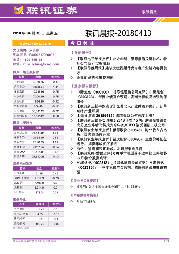 联讯证券联讯晨报