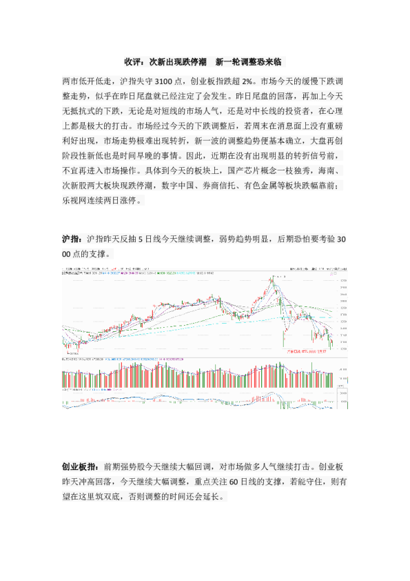 收评：次新出现跌停潮 新一轮调整恐来临 