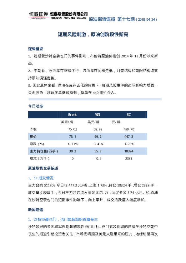 原油军情谍报：短期风险刺激，原油创阶段性新高
