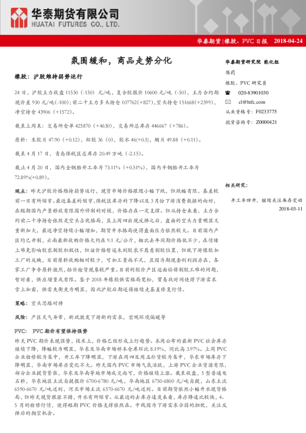 橡胶、PVC日报：氛围缓和,商品走势分化